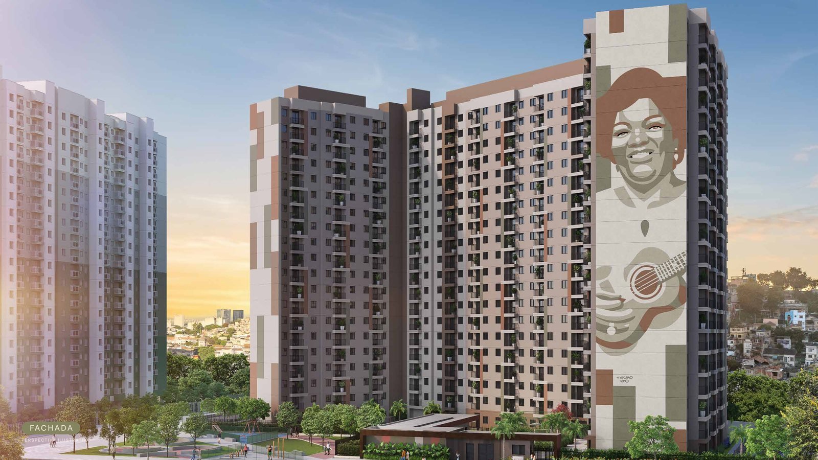 Residencial Dona Ivone Lara, perspectiva ilustrativa da fachada com o mural de Dona Ivone Lara, no Porto Maravilha