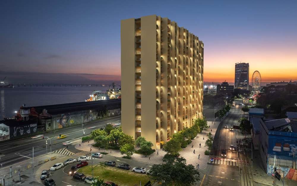 Residencial Erê, perspectiva ilustrativa aérea do edifício na Avenida Rodrigues Alves, Porto Maravilha