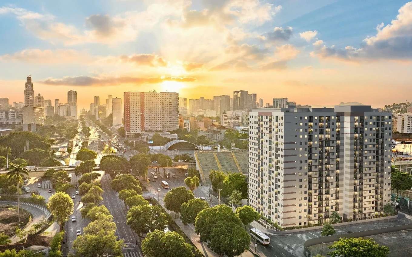 Vista aérea do Centro do Rio de Janeiro, na região da Praça Onze e da Avenida Presidente Vargas, perspectiva ilustrativa