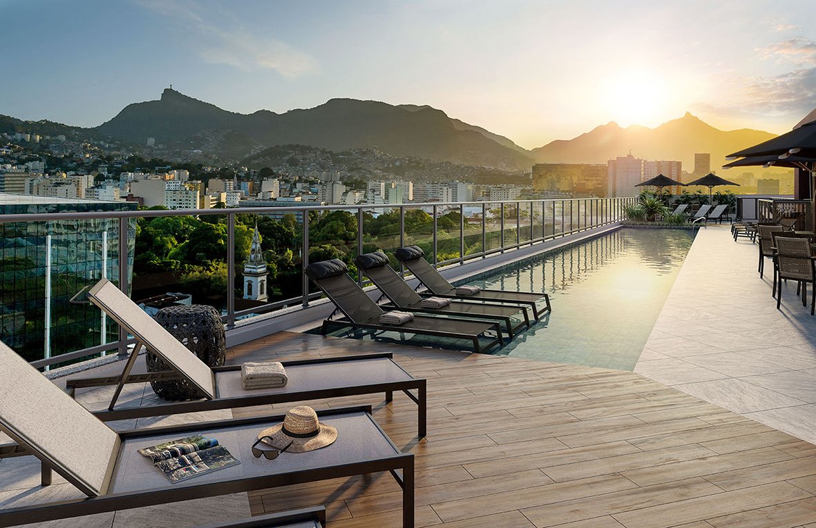 Rooftop com piscina do Vargas 1140 Residencial com vista para a Avenida Presidente Vargas, no Centro do Rio de Janeiro, perspectiva ilustrativa